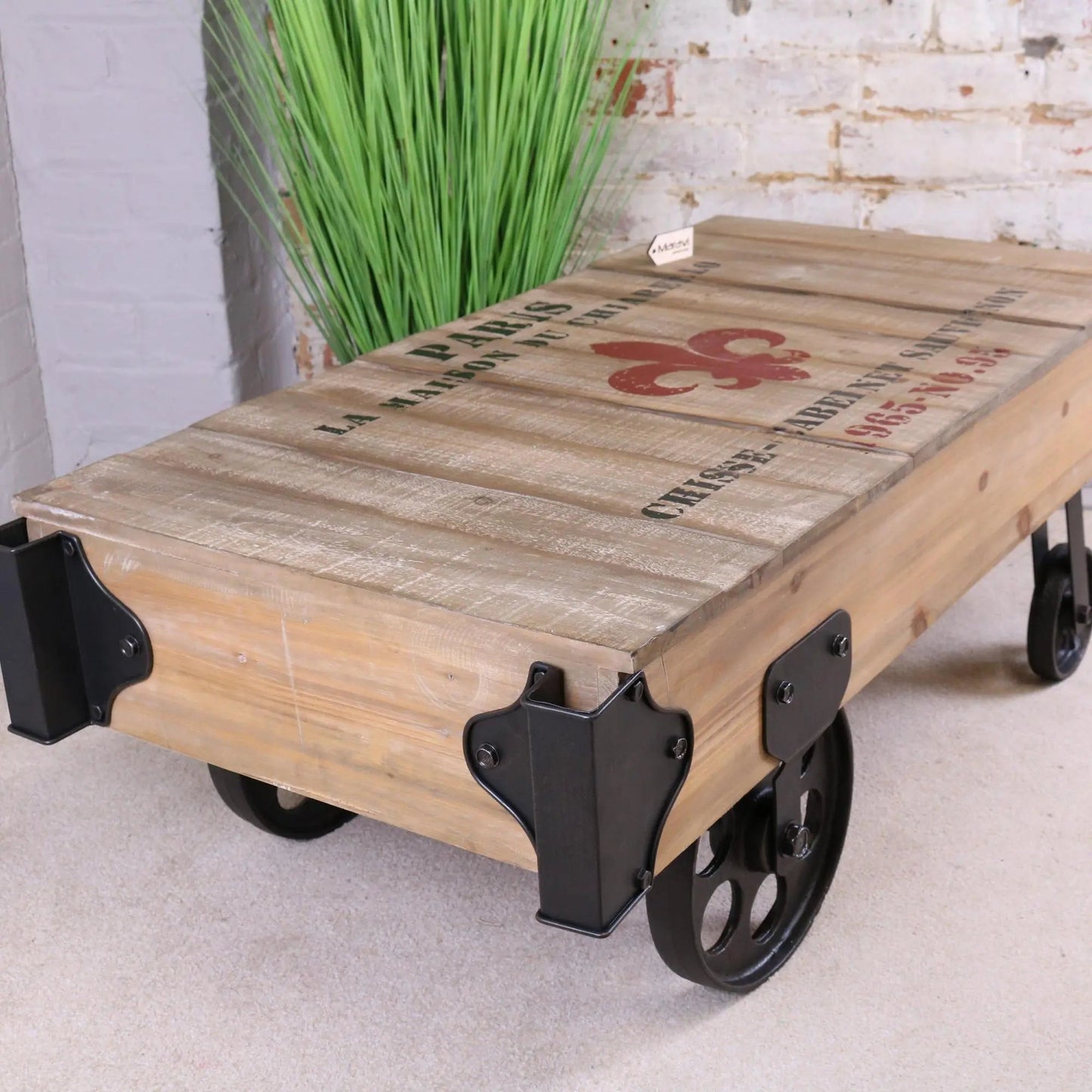 Sonala Rustic Railway Coffee Table | Industrial Wood & Metal Coffee Table with Train Wheels