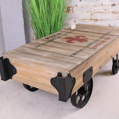 Sonala Rustic Railway Coffee Table | Industrial Wood & Metal Coffee Table with Train Wheels