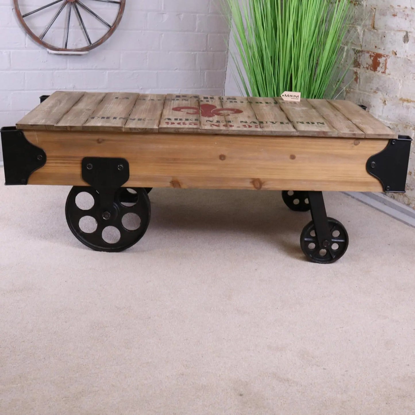 Sonala Rustic Railway Coffee Table | Industrial Wood & Metal Coffee Table with Train Wheels