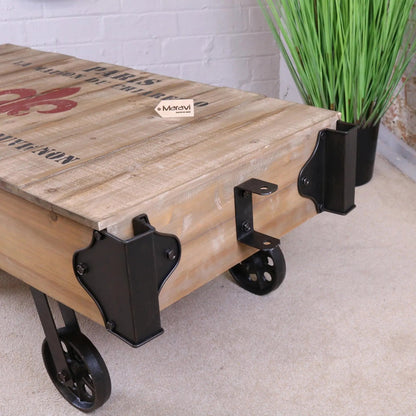 Sonala Rustic Railway Coffee Table | Industrial Wood & Metal Coffee Table with Train Wheels