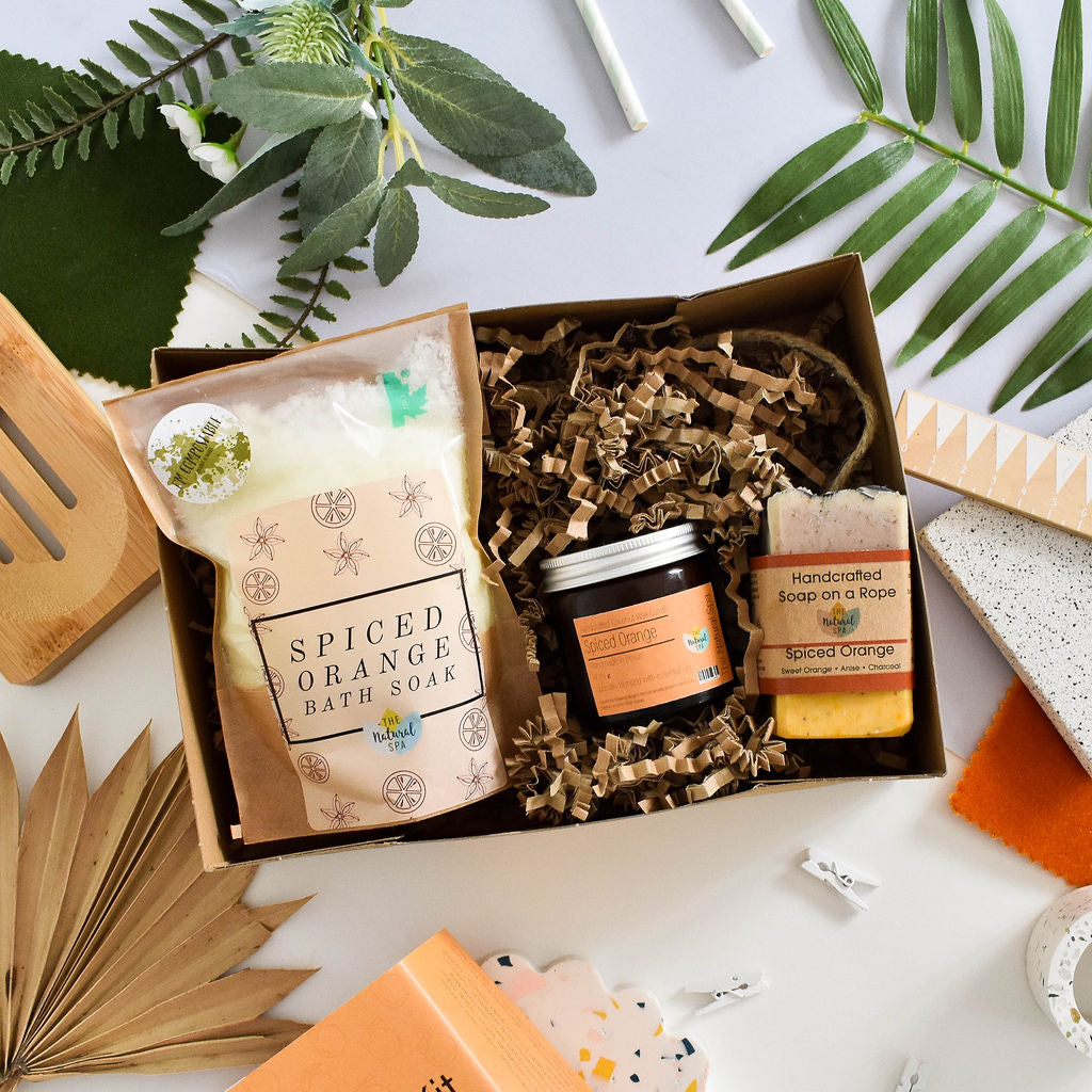 Spiced Orange At Home Natural Spa Set by thenaturalspa featuring orange-scented bath products and relaxing spa accessories.