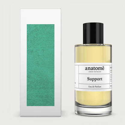 Support Functional perfume by anatomē, a sleek glass bottle with a minimalist label, showcasing elegant perfume packaging.