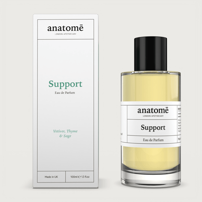 Anatomē Support Functional perfume bottle with elegant design, showcasing a sleek, minimalist glass container and subtle branding.