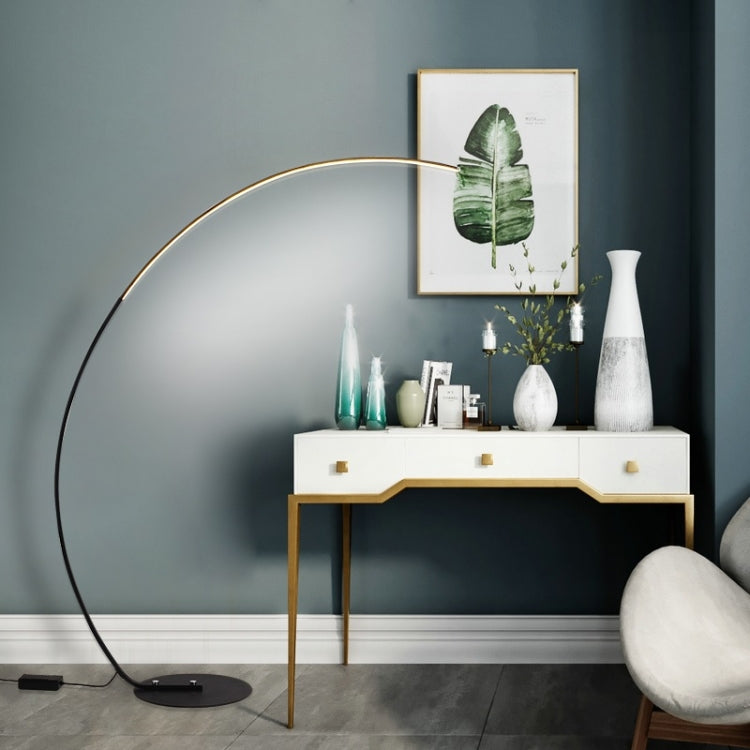 Modern Mira Sales fishing arc floor lamp with adjustable reading light and remote control in a home setting.