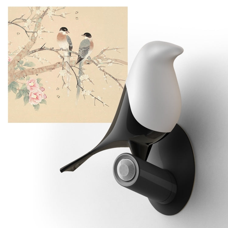 Lucky Bird LED night table lamp with wooden base, featuring two birds and eggs, equipped with motion sensor for living room or bedroom lighting.