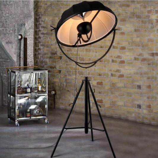 Industrial-style satellite studio tripod floor lamp by Mira Sales with adjustable spotlight for modern home and garden lighting.