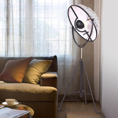Industrial-style Satellite Studio Tripod Floor Lamp by Mira Sales, standing with a spotlight design for modern home or garden lighting.
