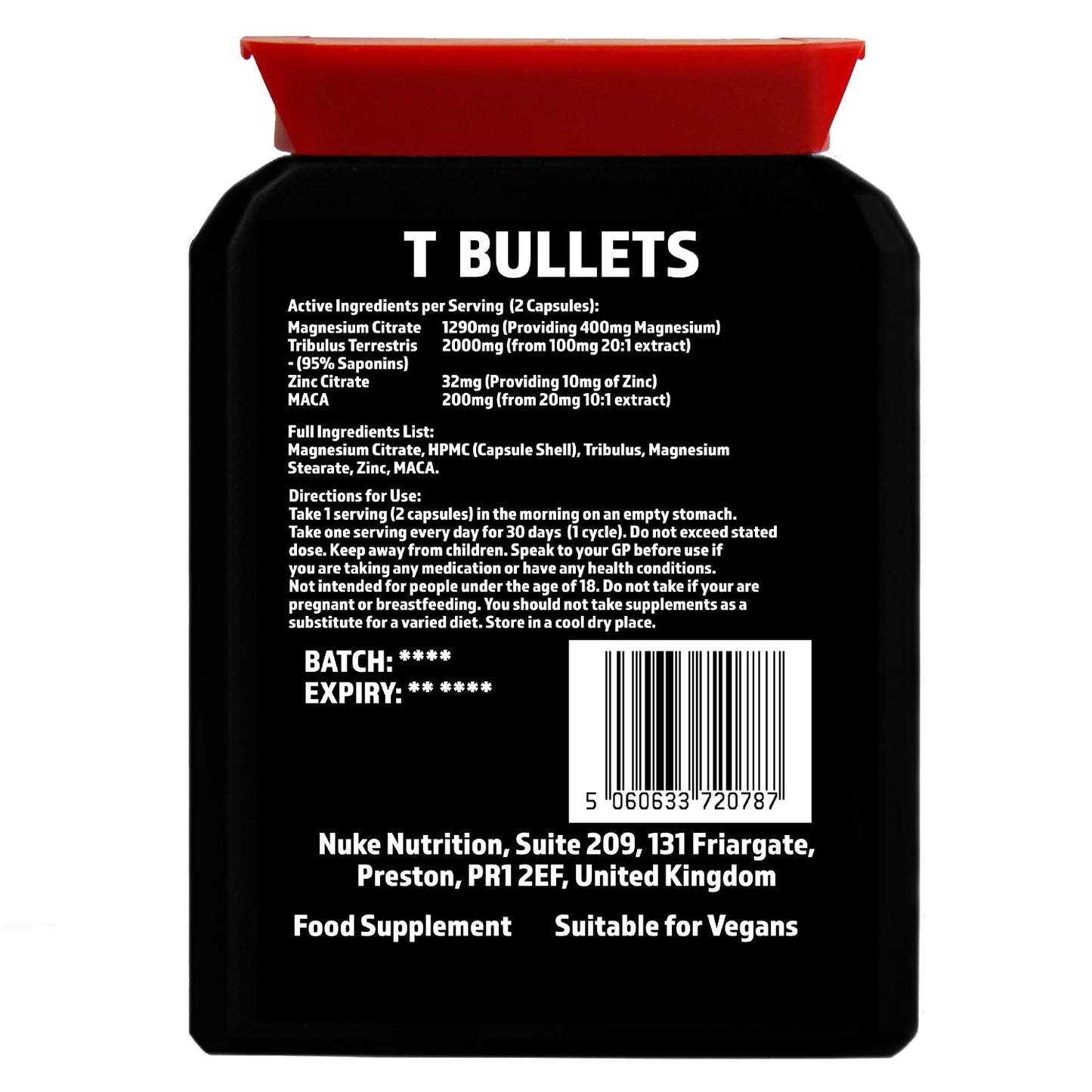 Rear view of Nuke Nutrition T Bullets Testosterone Booster bottle, showing the label and supplement packaging.