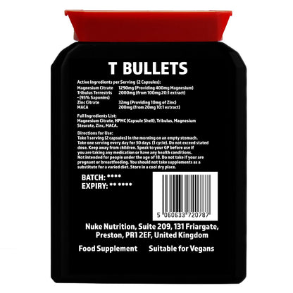 Rear view of Nuke Nutrition T Bullets Testosterone Booster bottle, showing the label and supplement packaging.