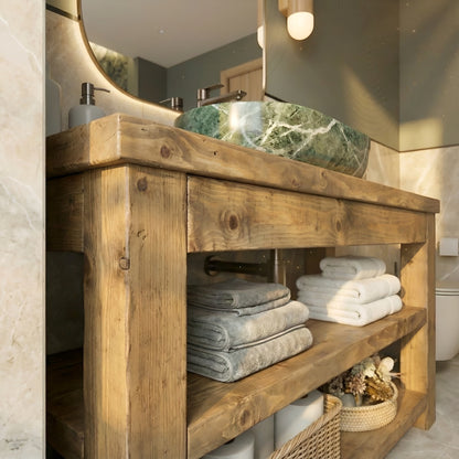Solid wood bathroom vanity with shelf from Tribe Joinery featuring a sleek, natural finish and modern design.