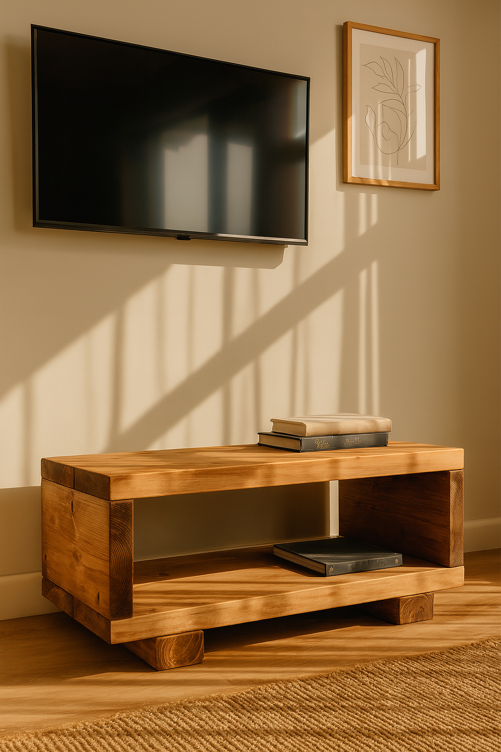Solid wood TORIE TV unit by Tribe Joinery featuring a minimalist rustic media console with clean lines and natural wood finish.