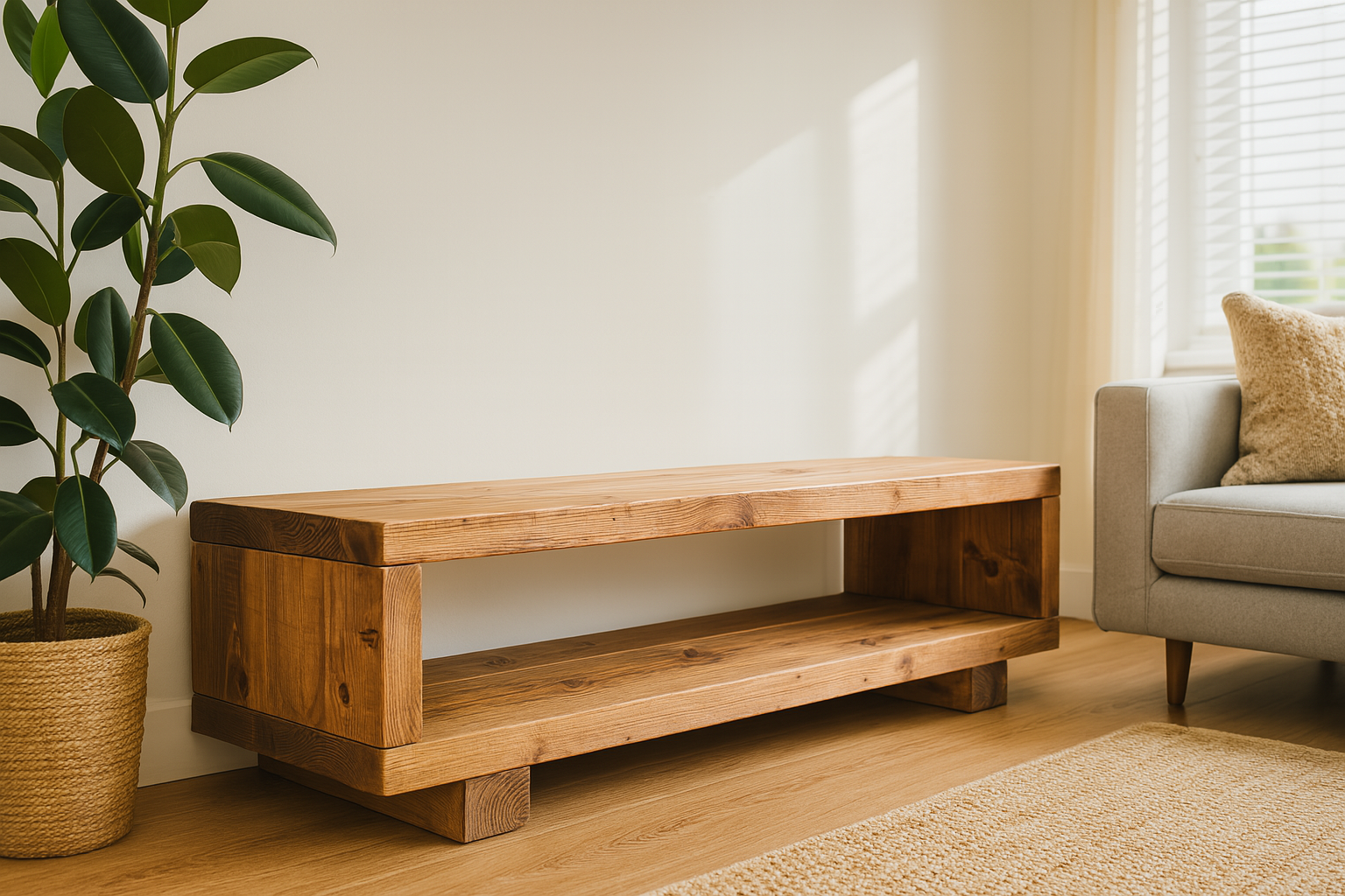 Solid wood TORIE chunky TV unit by Tribe Joinery featuring a minimalist rustic media console design with clean lines and natural wood finish.