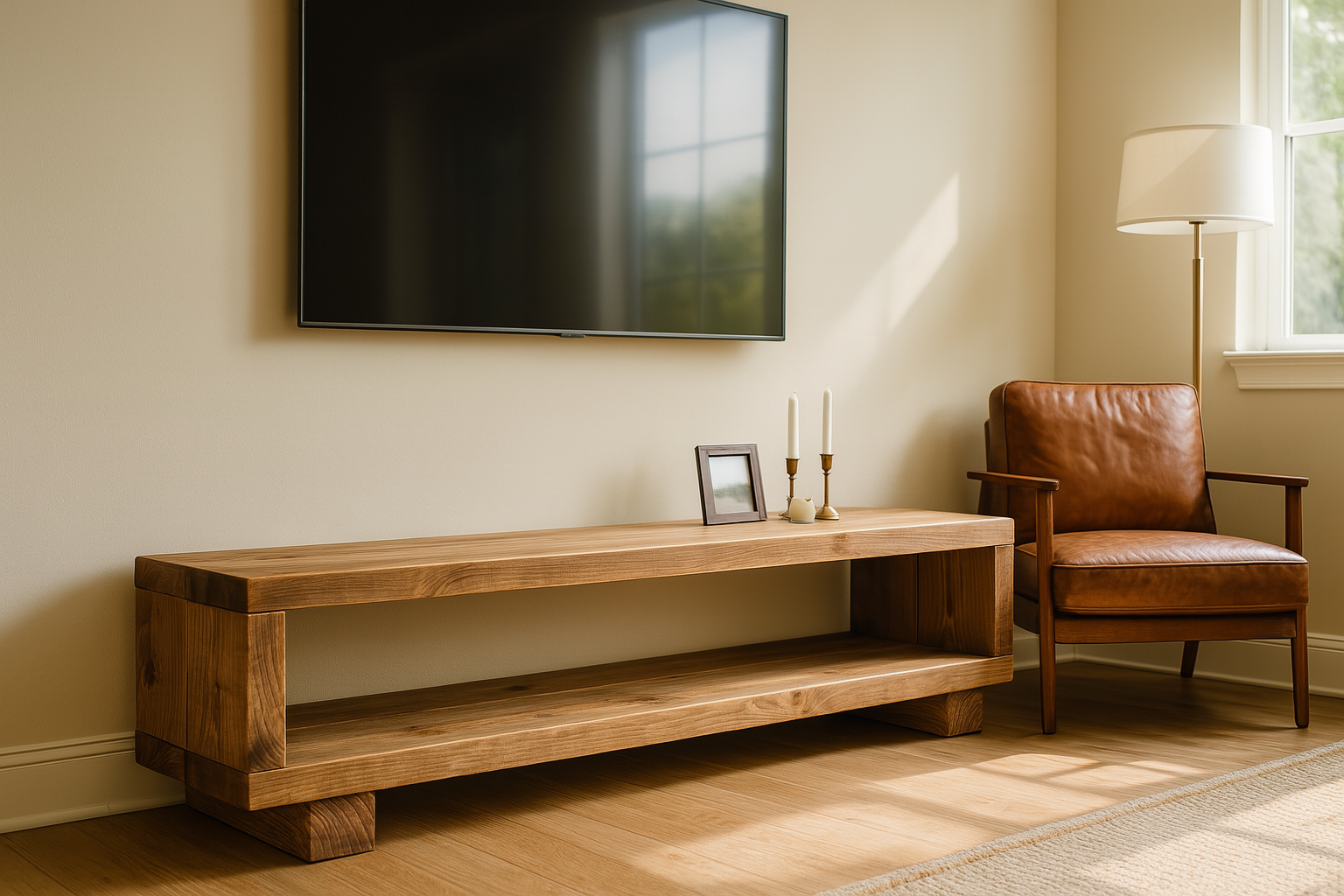 Rustic solid wood TV unit with a chunky design, featuring minimalist style and natural wood finish, by Tribe Joinery.