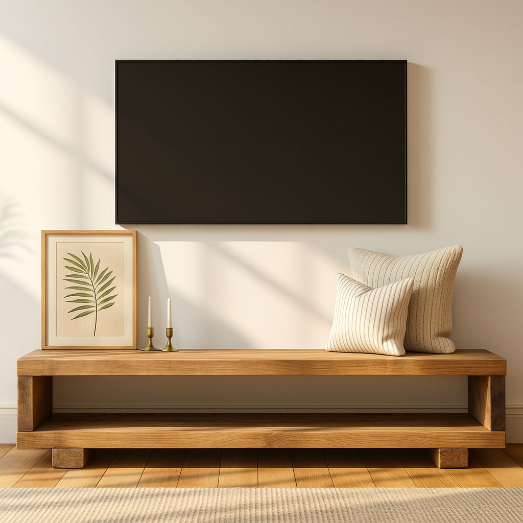 Rustic solid wood TV unit by Tribe Joinery, minimalistic chunky media console with clean lines and natural wood finish.