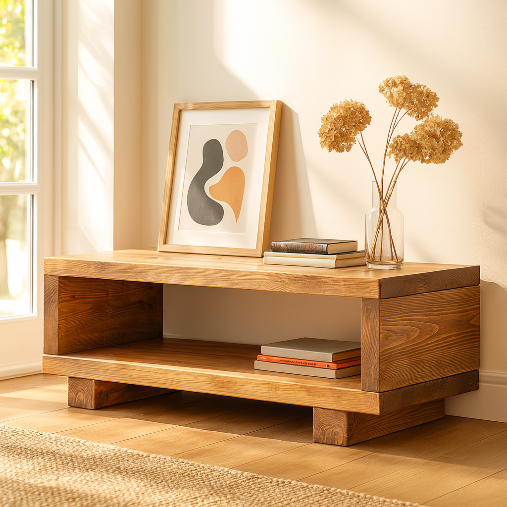 Rustic wooden TV unit by Tribe Joinery featuring a minimalist design and chunky solid wood construction for modern living rooms.
