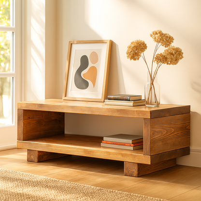 Rustic wooden TV unit by Tribe Joinery featuring a minimalist design and chunky solid wood construction for modern living rooms.