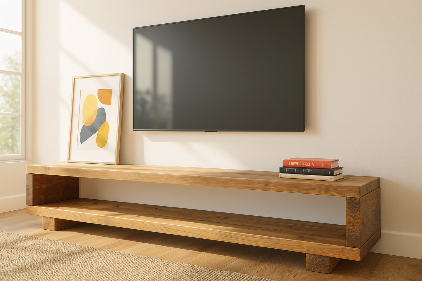 Solid wood TORIE TV unit by Tribe Joinery featuring a minimalist rustic design with a chunky, sturdy media console.