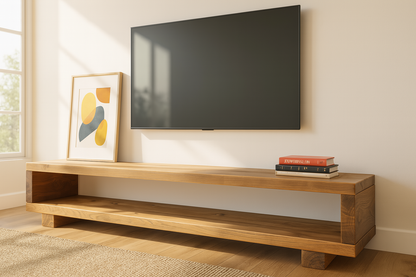 Solid wood TORIE TV unit by Tribe Joinery featuring a minimalist rustic design with a chunky, sturdy media console.