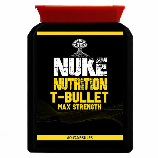 Nuke Nutrition T Bullets Testosterone Booster container with label, featuring the product name and branding on a white background.