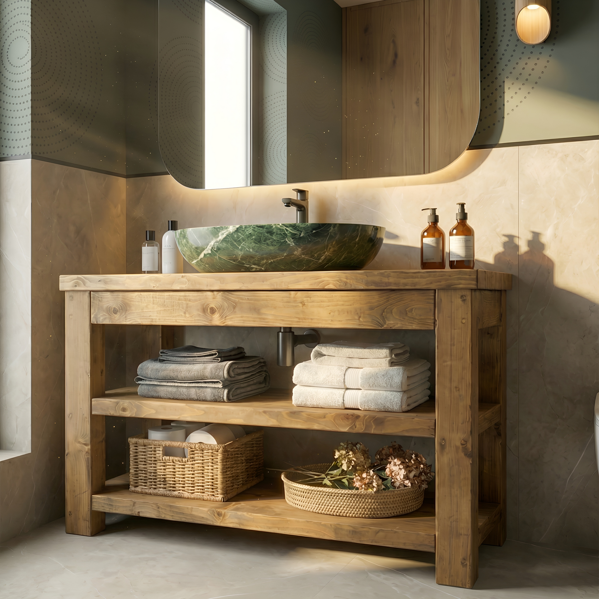 Solid wood TERO bathroom vanity with shelf by Tribe Joinery, featuring a sleek design and natural wood finish.