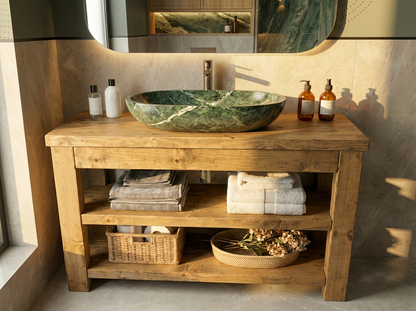 Solid wood bathroom vanity with shelf from Tribe Joinery featuring a sleek, natural finish and modern design.