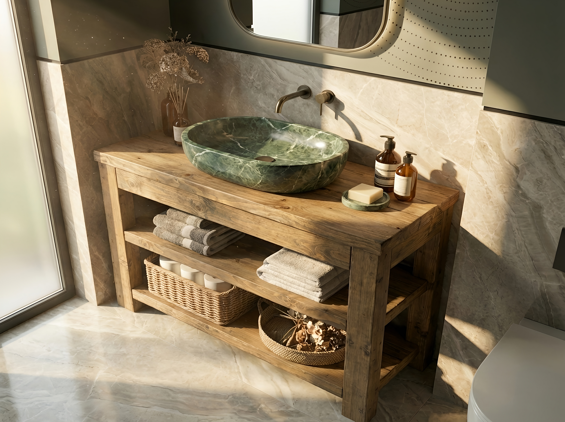 Solid wood bathroom vanity with shelf from Tribe Joinery, showcasing a sleek design and natural wood finish.