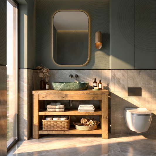 Solid wood bathroom vanity with shelf in natural finish by Tribe Joinery, showcasing a modern design with storage space.
