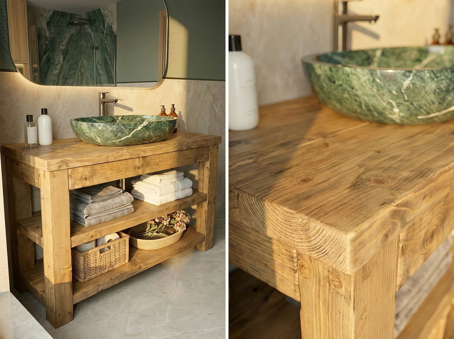 Close-up of Tribe Joinery TERO solid wood bathroom vanity with shelf, showcasing the wood grain and design details.