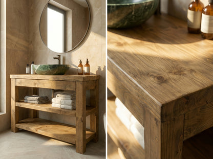 Close-up of the TERO solid wood bathroom vanity with shelf by Tribe Joinery, showcasing the natural wood finish and craftsmanship.