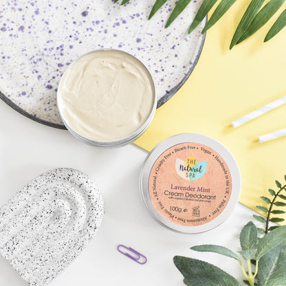 Lavender Mint Cream deodorant balm by thenaturalspa, aluminum and bicarb-free, showing the creamy balm in a jar with lavender and mint accents.