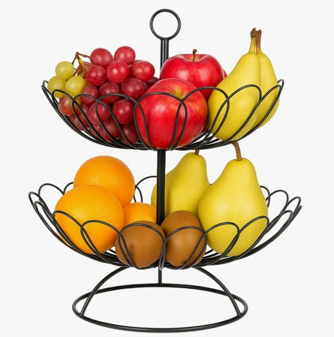 Stainless steel 2-tier fruit basket by DEPOT, durable metal fruit holder with two levels for household storage.