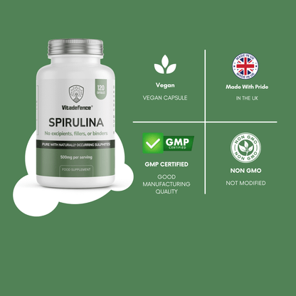 VitaDefence spirulina vegan capsules, 500 mg, 120 count, dietary supplement with green capsules on a white background
