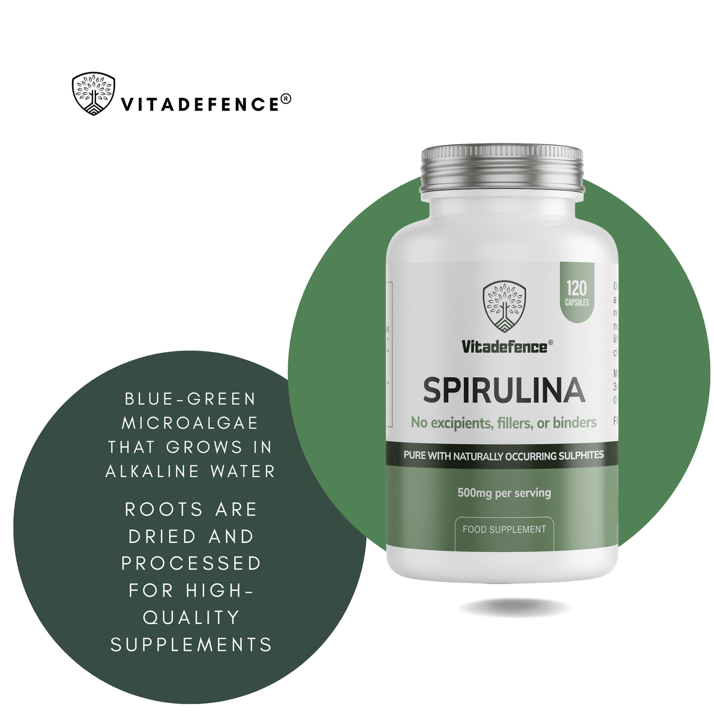 VitaDefence Spirulina vegan capsules, 500 mg, 120 count, dietary supplement in green capsules on a white background.