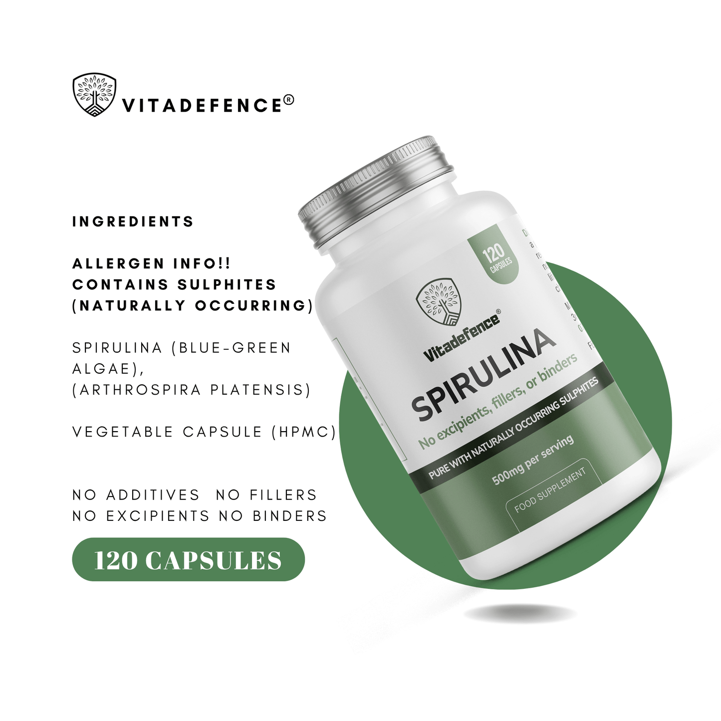 VitaDefence Spirulina vegan capsules, 500 mg, 120 count, dietary supplement in green capsules on white background.