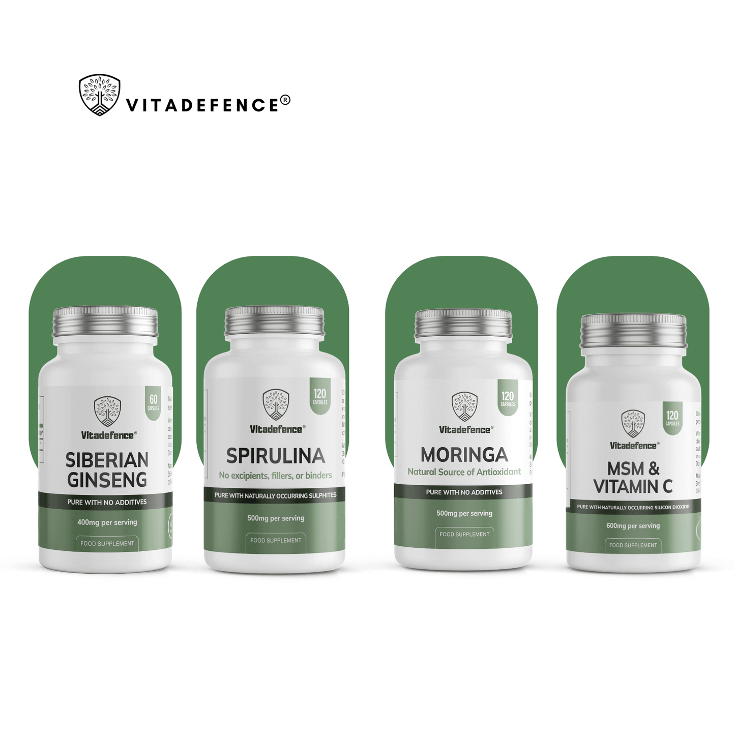 VitaDefence Spirulina vegan capsules, 500 mg, 120 count, dietary supplement with green spirulina powder capsules.