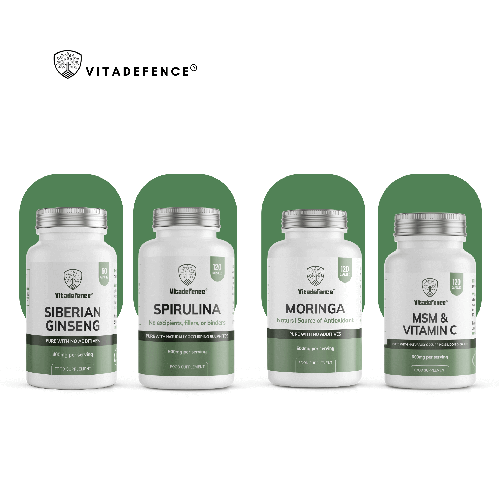 VitaDefence Spirulina vegan capsules, 500 mg, 120 count, dietary supplement with green spirulina powder capsules.