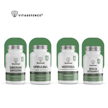VitaDefence Spirulina vegan capsules, 500 mg, 120 count, dietary supplement with green spirulina powder capsules.