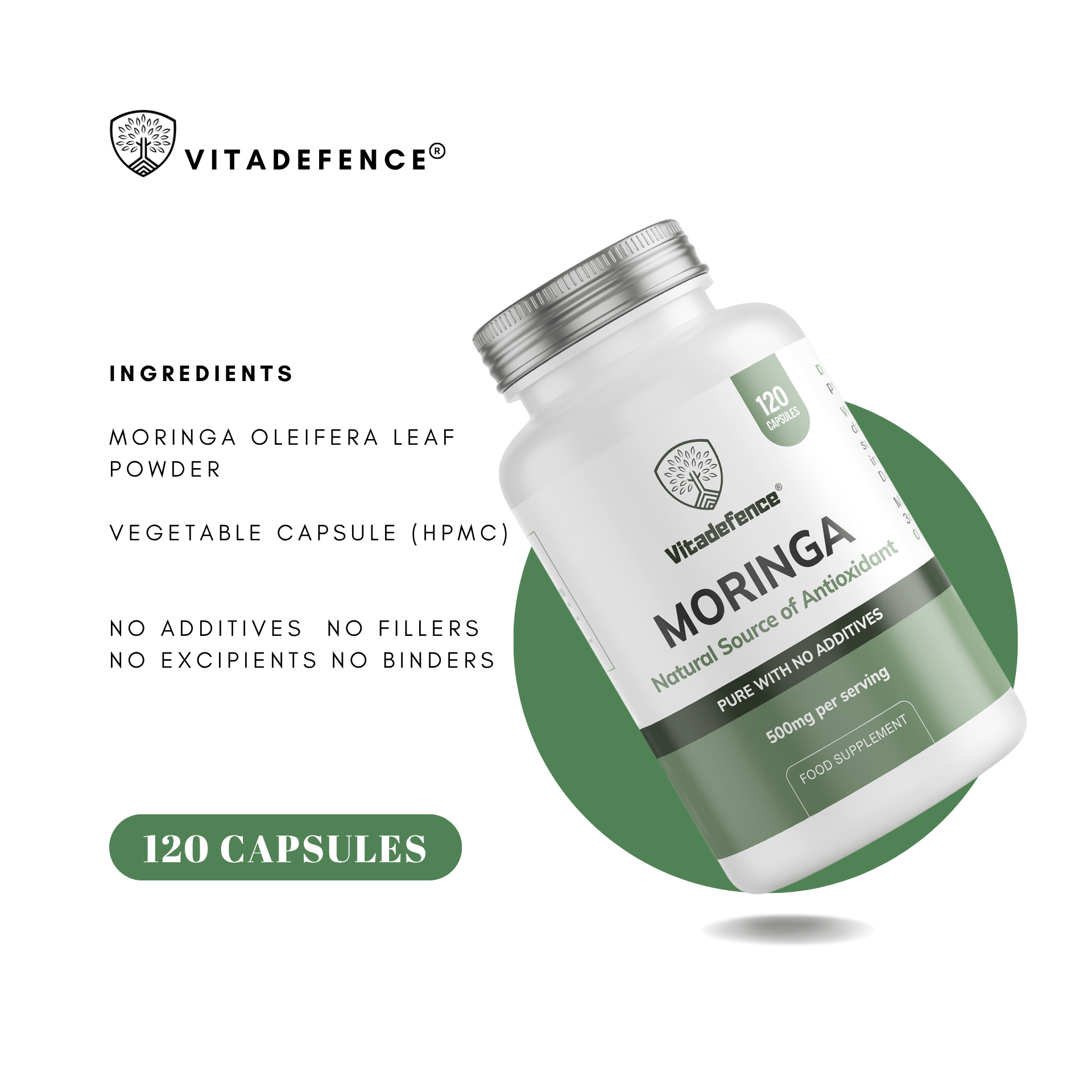 VitaDefence Moringa Oleifera vegan capsules, 500 mg, 120 count, dietary supplement in blister pack on white background.