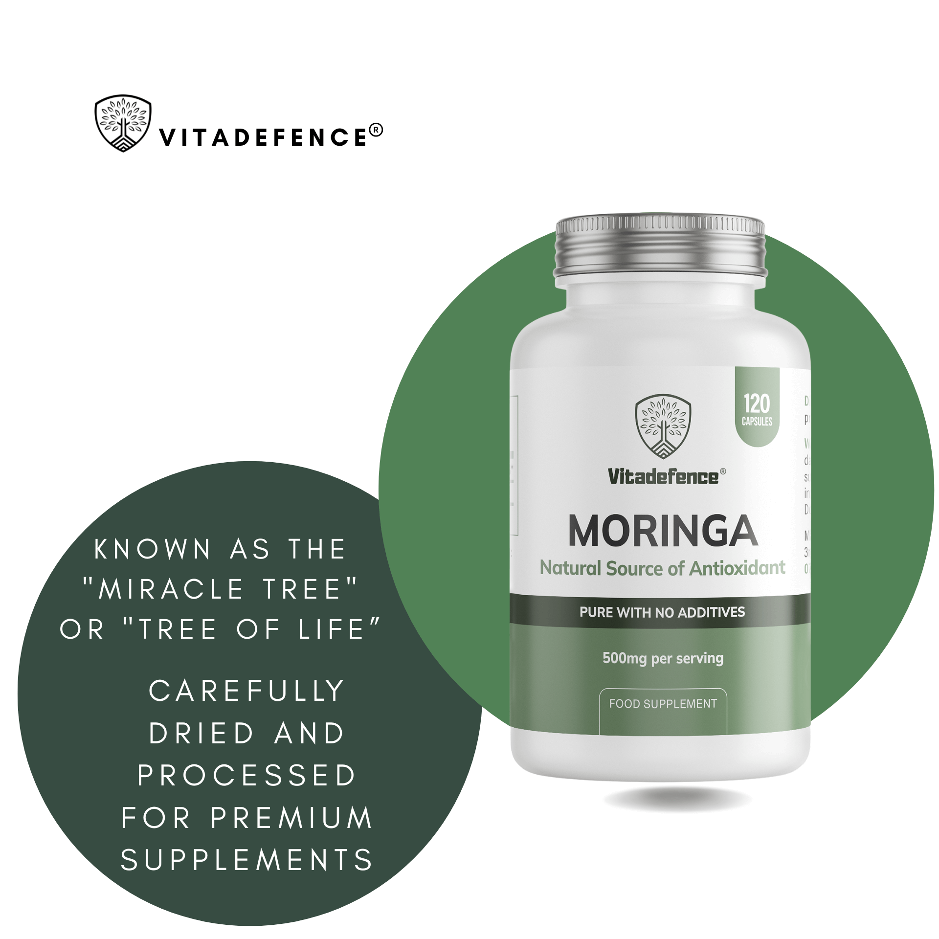 VitaDefence Moringa Oleifera vegan capsules, 500 mg, 120-count food supplement bottle with green capsules on a white background.