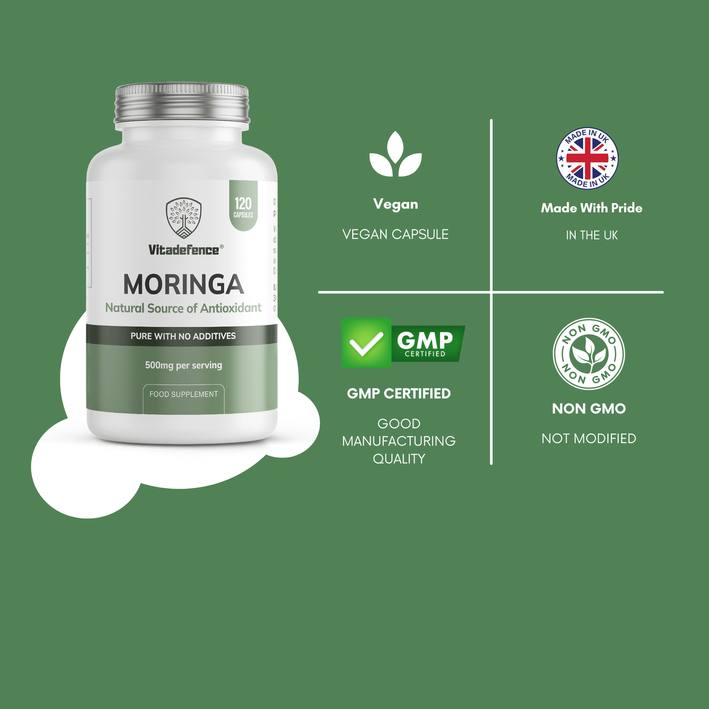 VitaDefence Moringa Oleifera vegan capsules, 500 mg, 120 count, dietary supplement bottle with capsules inside.