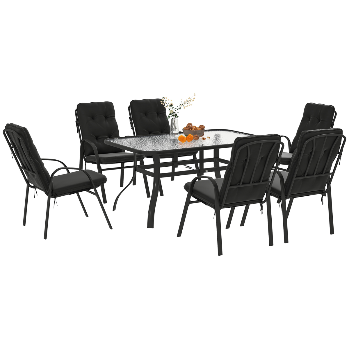 Outsunny garden dining set with glass table featuring umbrella hole, outdoor furniture for patio or garden dining areas