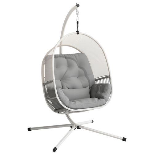 Outsunny hanging egg chair with stand and cushions, ideal for garden relaxation, featuring a stylish outdoor seating design.