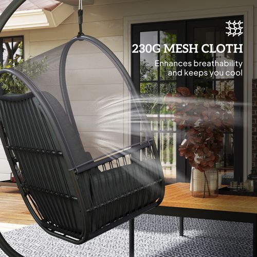 Outsunny hanging egg chair with stand and cushions, suitable for garden relaxation and outdoor lounging.