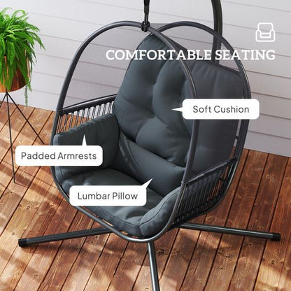 Outsunny hanging egg chair with stand and cushions for garden relaxation, featuring a cozy, woven design and supportive cushions.
