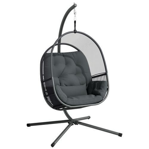Outsunny hanging egg chair with stand and cushions, ideal for garden relaxation, featuring a stylish and comfortable outdoor seating option.