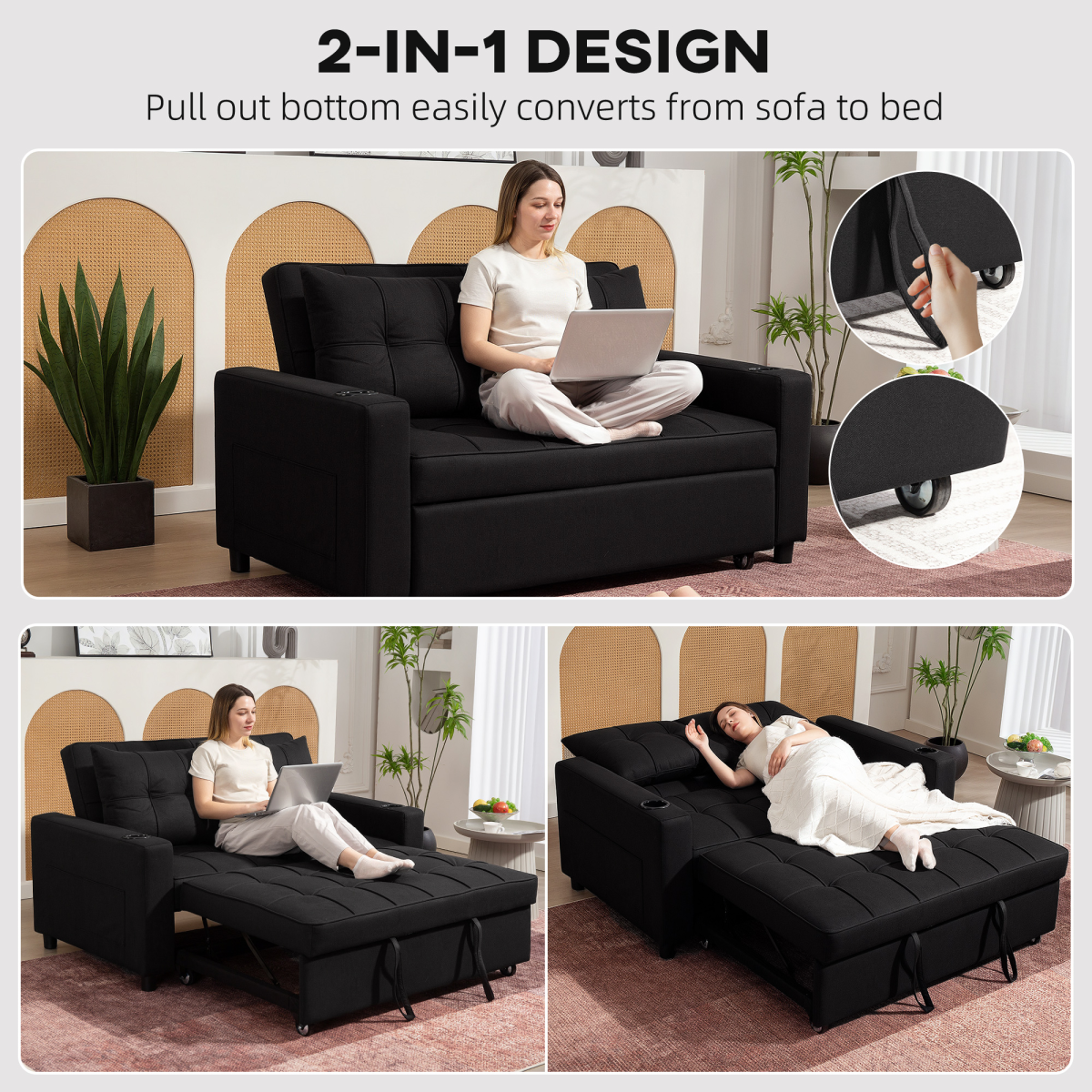 HOMCOM 2 Seater Pull Out Sofa Bed with Pockets | Beige 3-in-1 Convertible Sofa