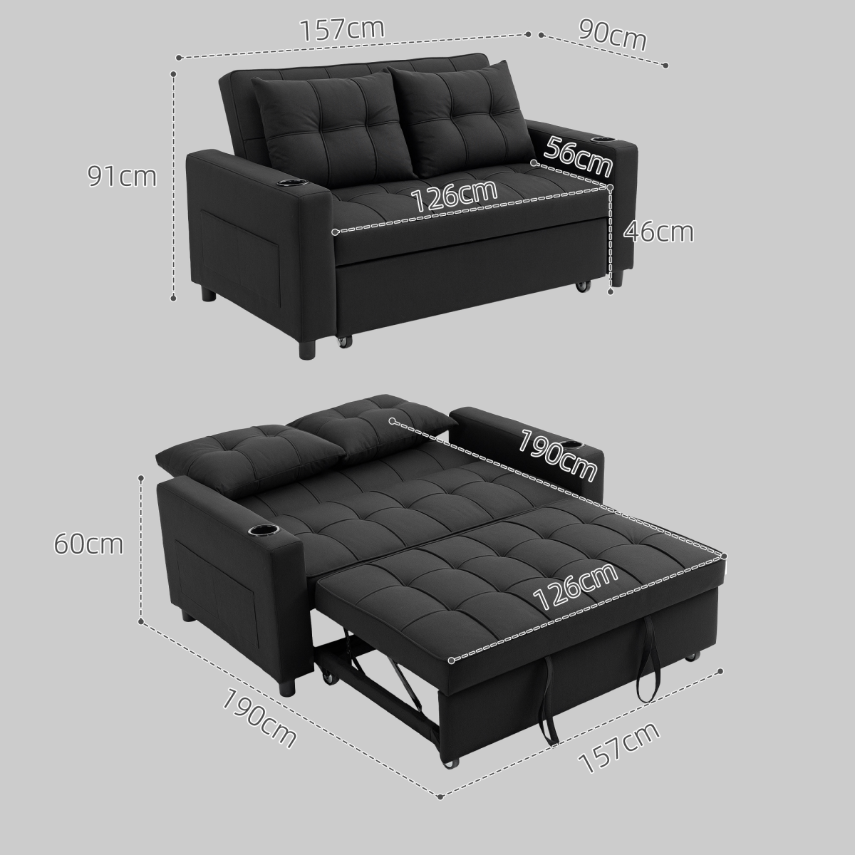 HOMCOM 2 Seater Pull Out Sofa Bed with Pockets | Beige 3-in-1 Convertible Sofa
