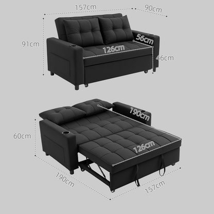 HOMCOM 2 Seater Pull Out Sofa Bed with Pockets | Beige 3-in-1 Convertible Sofa