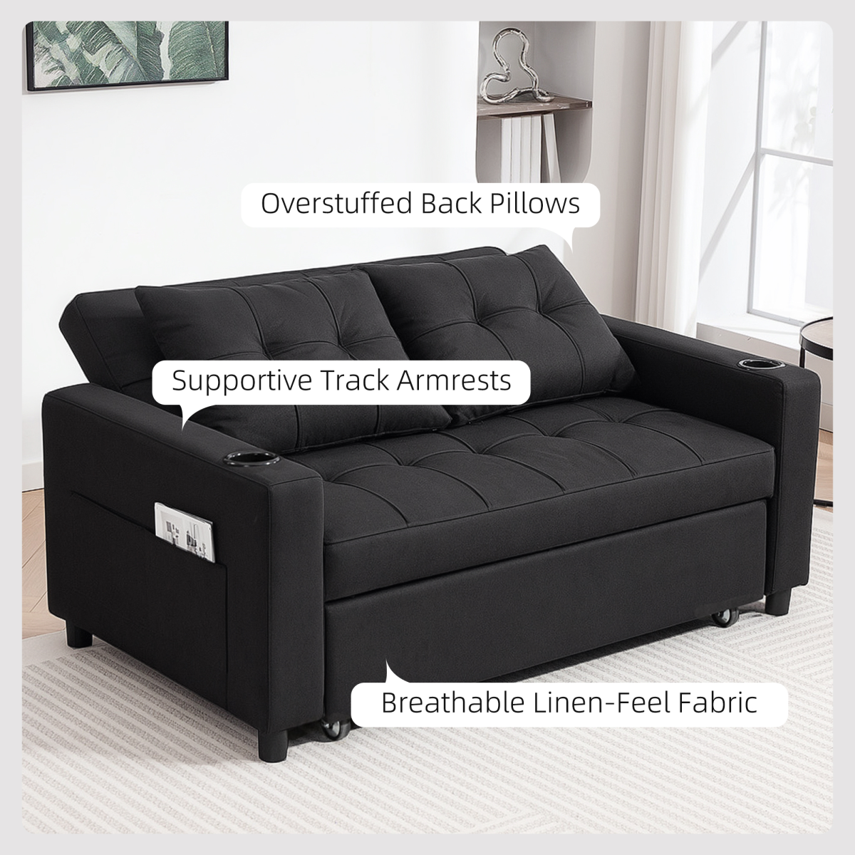 HOMCOM 2 Seater Pull Out Sofa Bed with Pockets | Beige 3-in-1 Convertible Sofa
