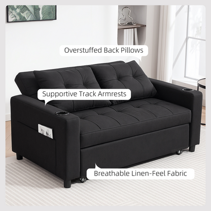 HOMCOM 2 Seater Pull Out Sofa Bed with Pockets | Beige 3-in-1 Convertible Sofa